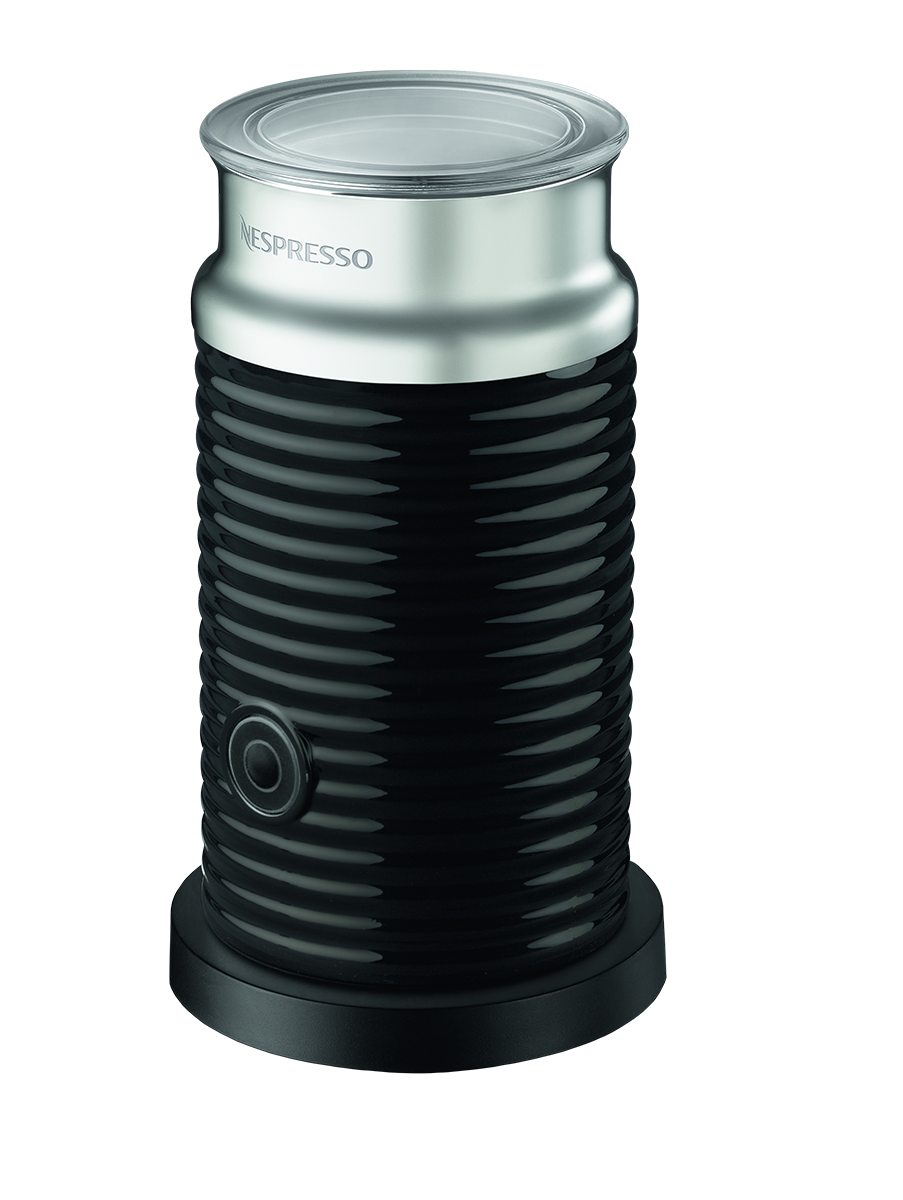 Nespresso Aeroccino 3 electric milk frother in black on transparent background.