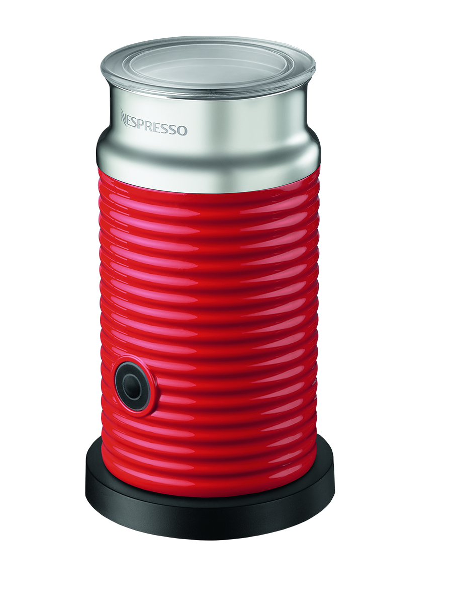 Nespresso Aeroccino 3 electric milk frother in red on transparent background.