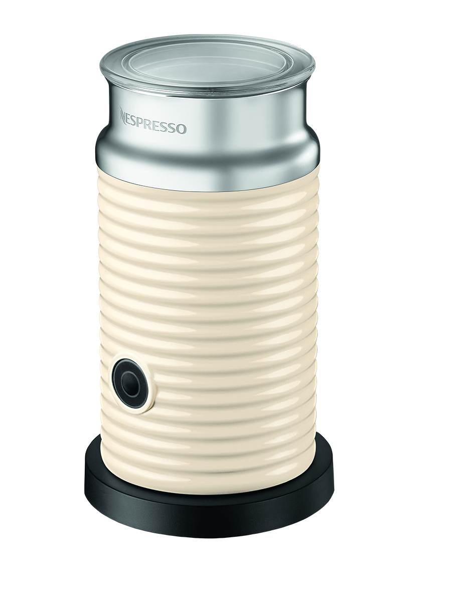 Nespresso Aeroccino 3 electric coffee frother in white on black background.